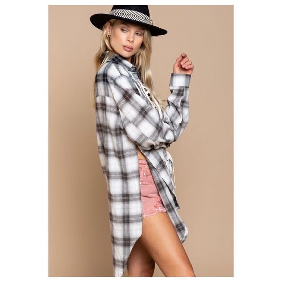 BOHO Black Plaid Lace up Shirt - Picture 5 of 11